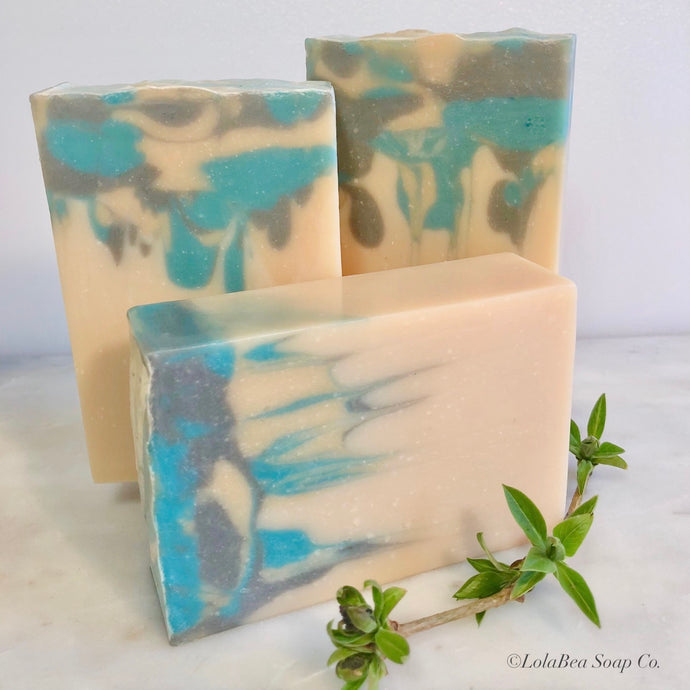 Dragon Moon Milk Soap. Handmade artisan soap bars. Cream, Turquoise, gray and gold design.