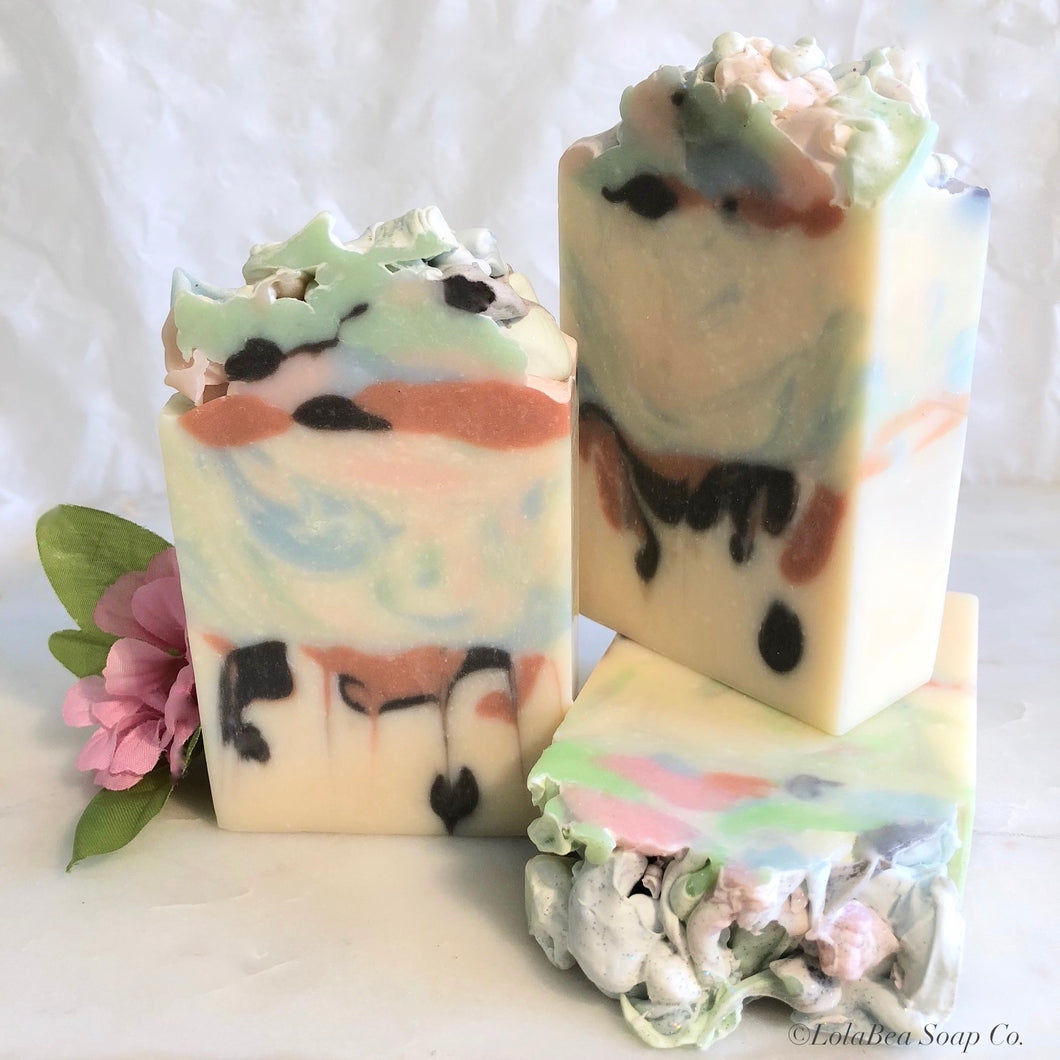 Persephone's Kiss Buttermilk Soap. Handmade soap bars. Drops of color. Pink, blue, mint green, copper and dark brown.
